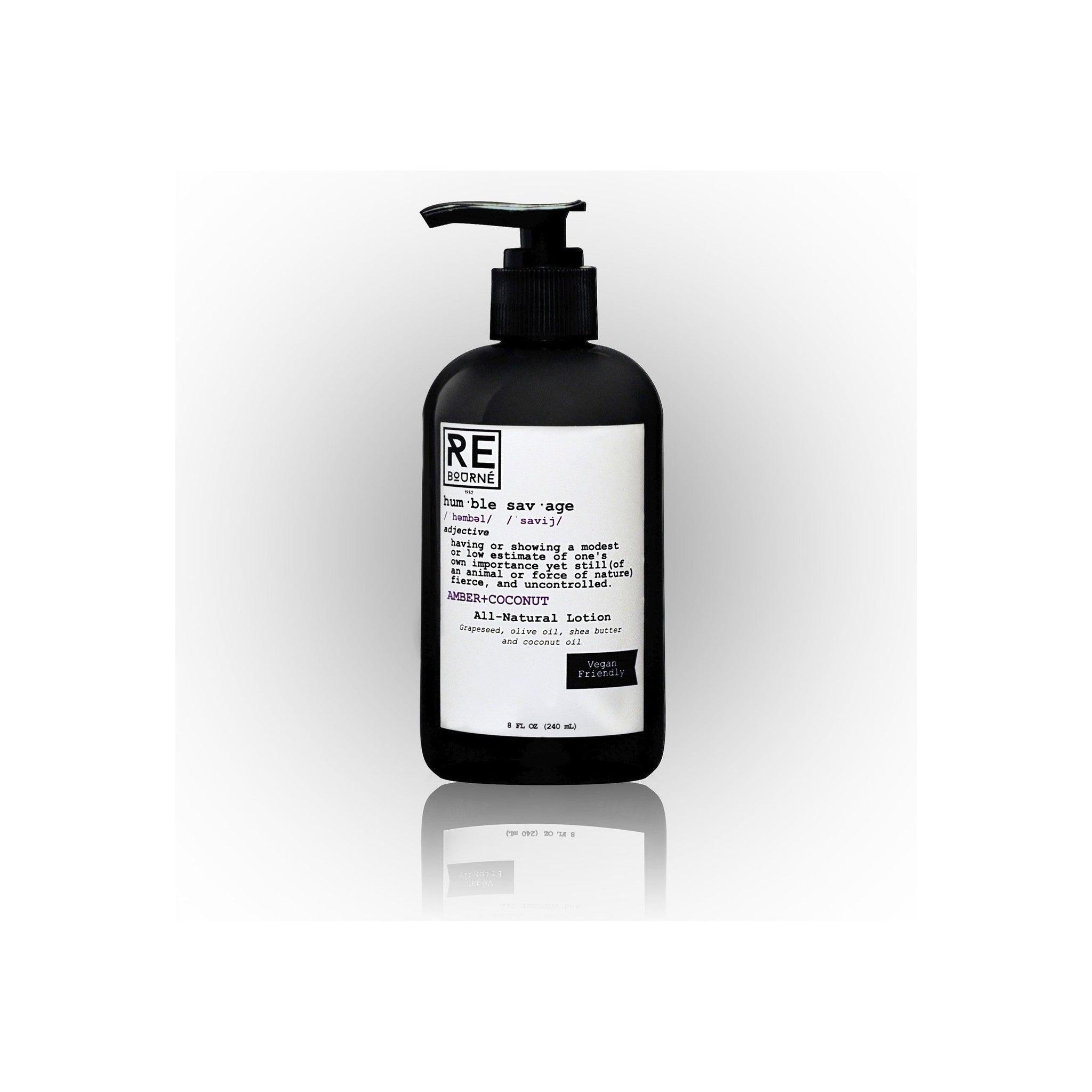 AMBER + COCONUT Natural Body Lotion "Humble Savage" - Rebourne Black bottle with white background